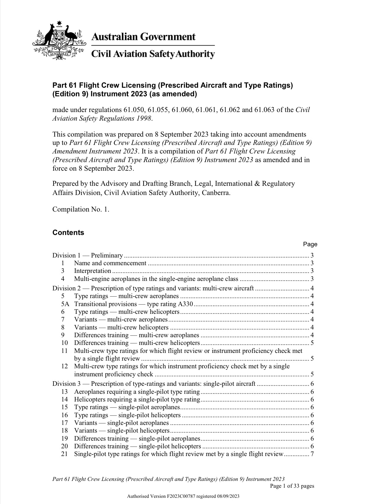 Part 61 Flight Crew Licensing (Prescribed Aircraft and Type Ratings)
(Edition 9) Instrument 2023 (as amended)