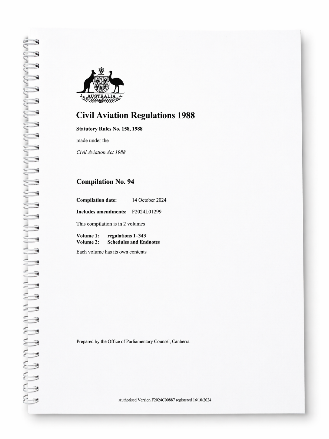 CASA CAR 1988 Civil Aviation Regulations 1988 (Volume 2) Compilation No. 94 Registered 14th October 2024