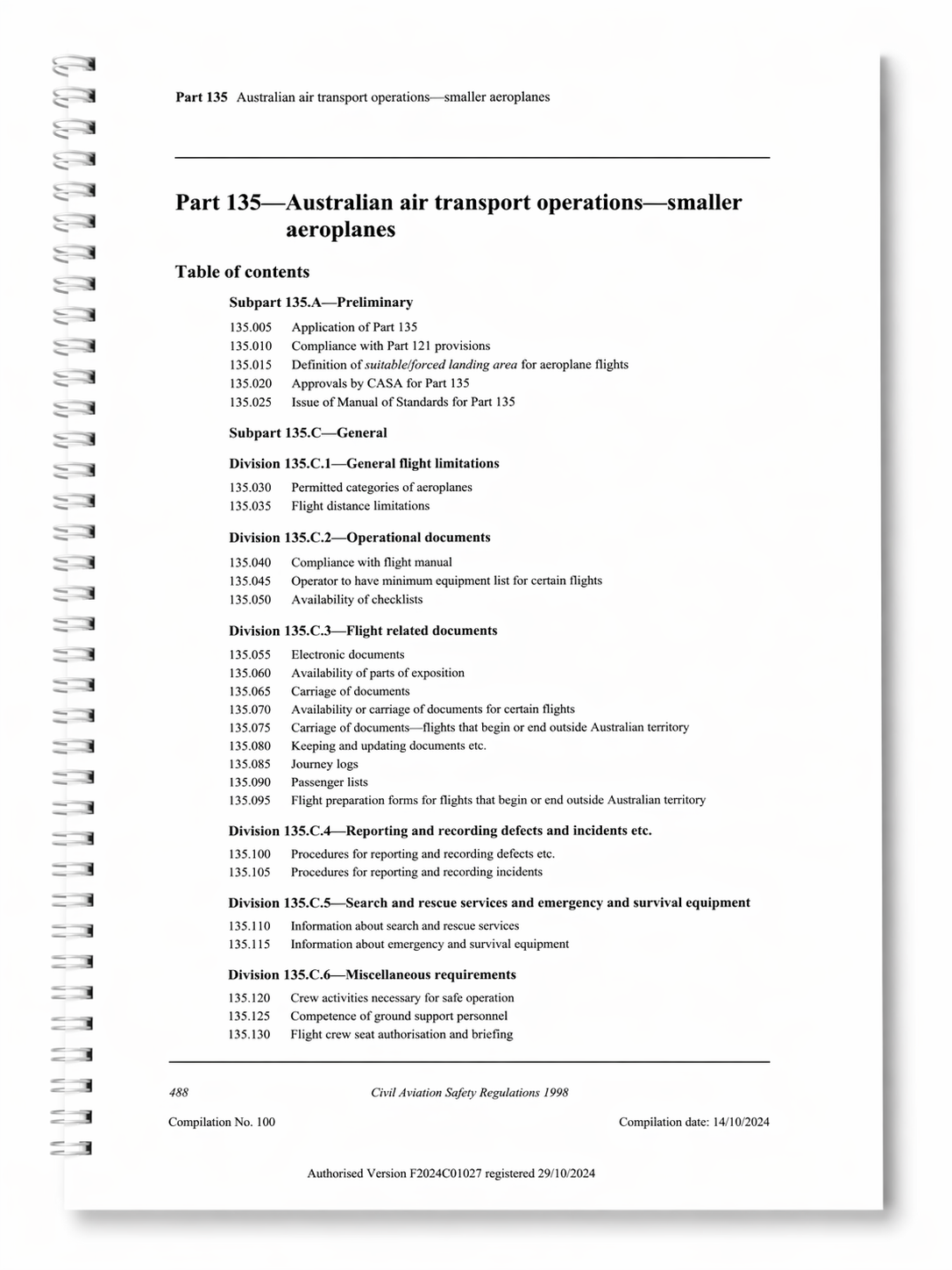 CASA CASR Part 135 (Australian Air Transport Operations - Smaller Aeroplanes) Compilation No. 100 Registered 29 October 2024