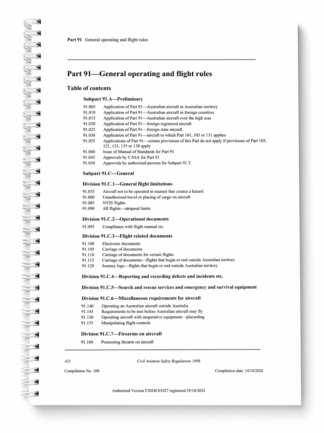 CASA CASR Part 91 (General Operating and Flight Rules) Compilation No. 100 Registered 29 October 2024