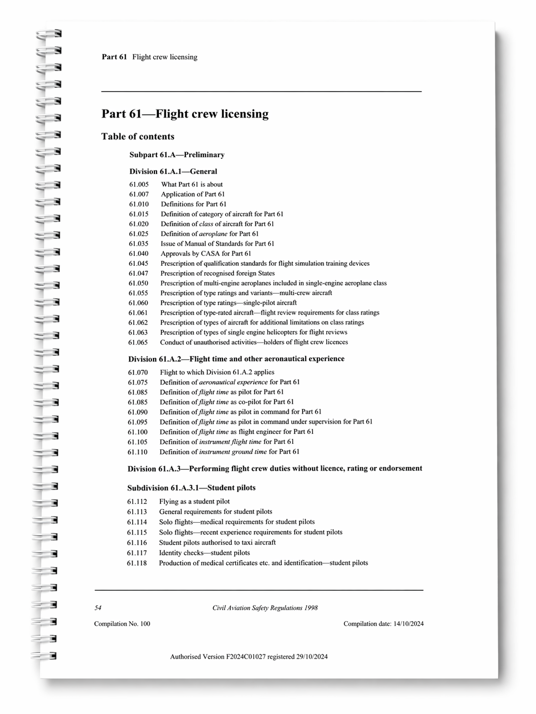 CASA CASR Part 61 (Flight Crew Licensing) Compilation No. 100 Registered 29 October 2024