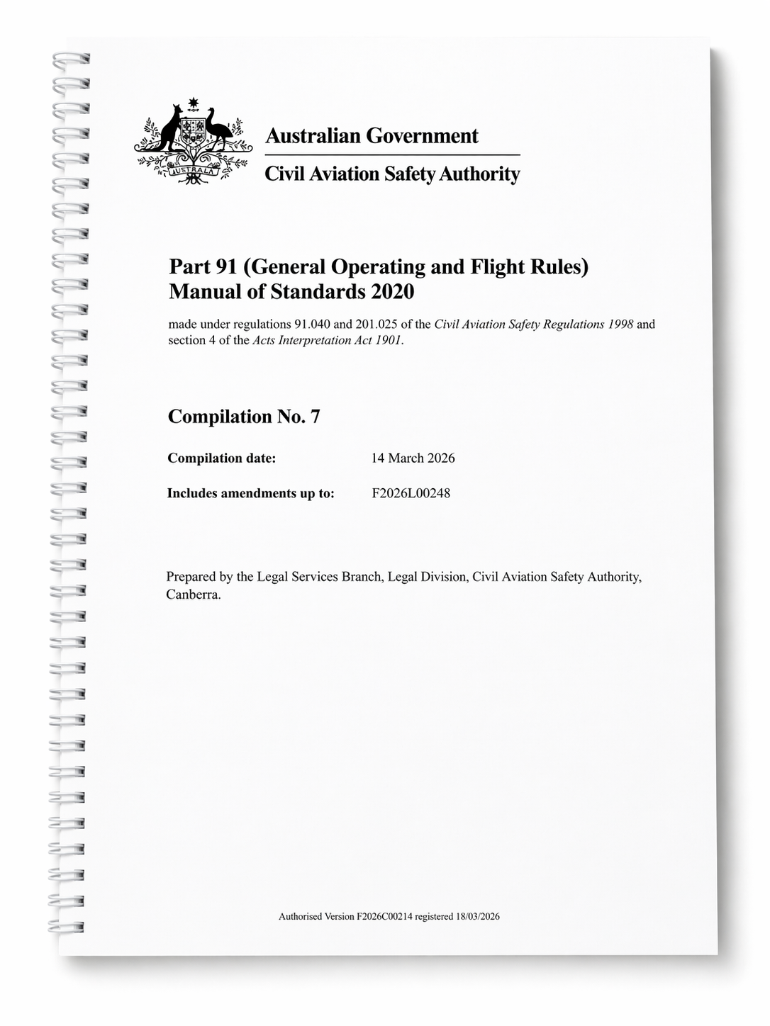 CASA Part 91 MOS (General Operating & Flight Rules) Manual of Standards 2020 - Effective 14th March 2026